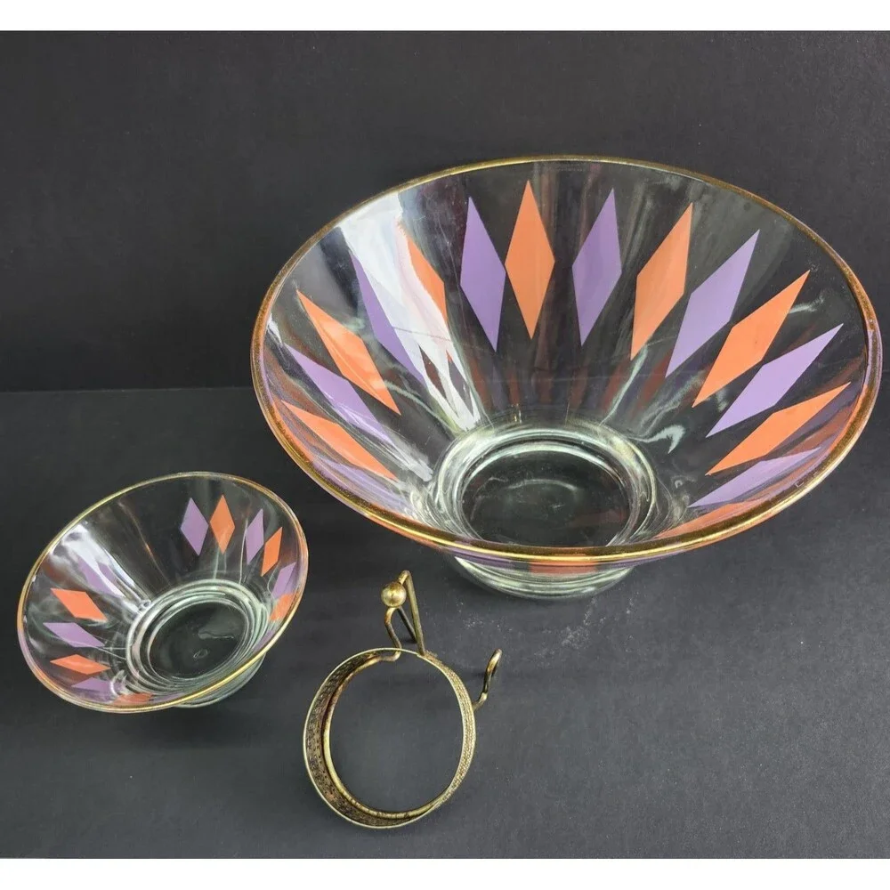 Vintage Anchor Hocking Chip and Dip Bowl Set Harlequin Pattern MCM Vintage 60s